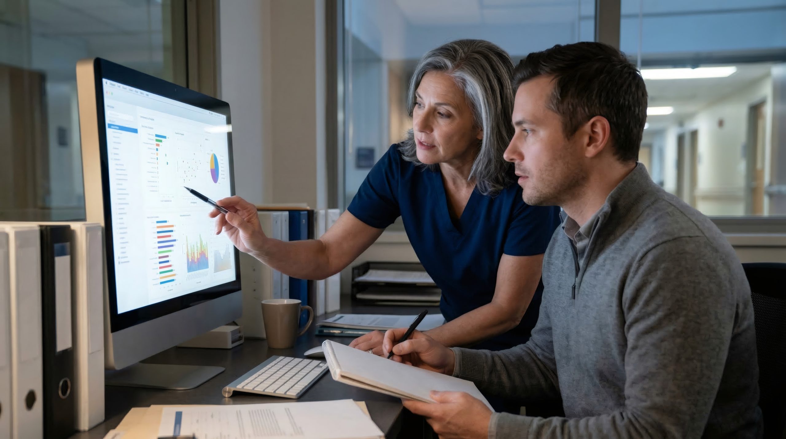 Woman doctor and man colleague analyzing clinical data on computer screen. Healthcare professionals reviewing medical statistics in hospital office. Collaborative health research analysis.